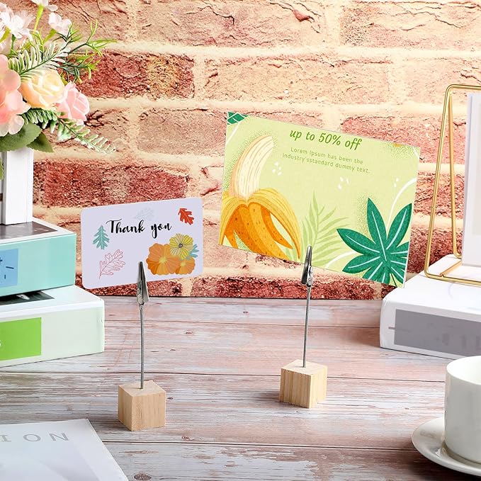 Gersoniel 20 Pcs Cube Base Memo Clip Holder with Alligator Clip Wood Table Number Holder Cube Base Place Card Stand Mini Photo Menu Stand for Displaying Number Card (Light Wood Color)