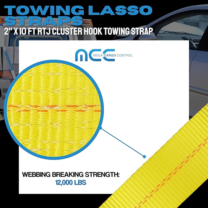Mega Cargo Control 2" x 10' Tie Down Recovery Cluster Strap - Heavy Duty Towing Straps with RTJ Hooks for Tow Trucks, Flatbeds, Trailers (Yellow, 4 Pack)