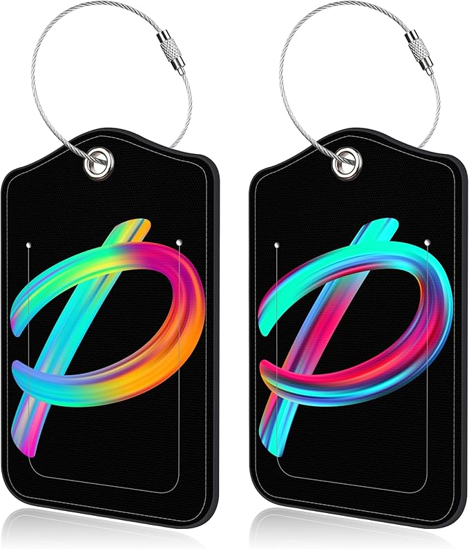Luggage Tags for Suitcase,2 Pack Neon Colorful Letters Luggage Tags,Leather Baggage Tags Identifiers with Privacy Name Address Labels and Metal Loop for Women Men Girls Travel,Letter P