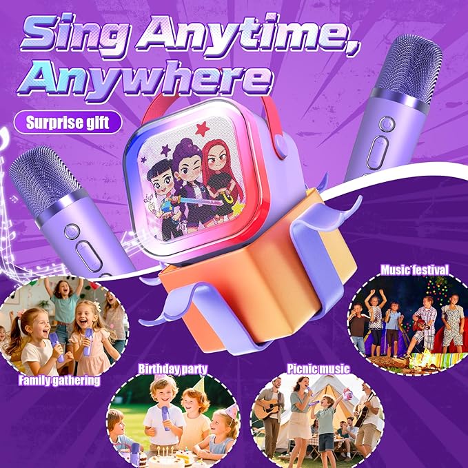 Mini Karaoke Machine for Kids,5 Voice Effects - Portable Bluetooth Speaker with 2 Wireless Mics LED Lights for Boys Girls Ages 3-12| Kids Karaoke Machine Birthday Gift Toy for Singing,Party & Play