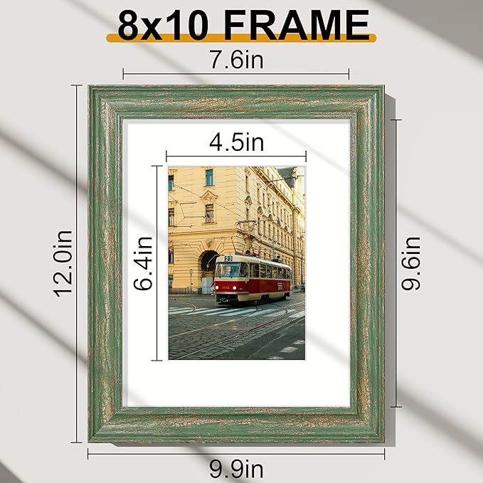 Vittanly 8x10 Picture Frames Set of 2, Ornate Vintage Photo Frame for Wall or Tabletop, Display 5x7 Pictures with Mat or 8x10 without Mat, Rustic Green