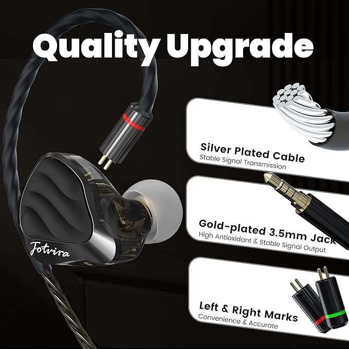 Hybrid in Ear Monitors Headphones with Mic, IEM Earphones 10mm Dual Dynamic Drivers, HiFi Wired Earbuds, Zinc Alloy Faceplate in Ear Monitor with Silver-Plated Detachable Cable for Musician
