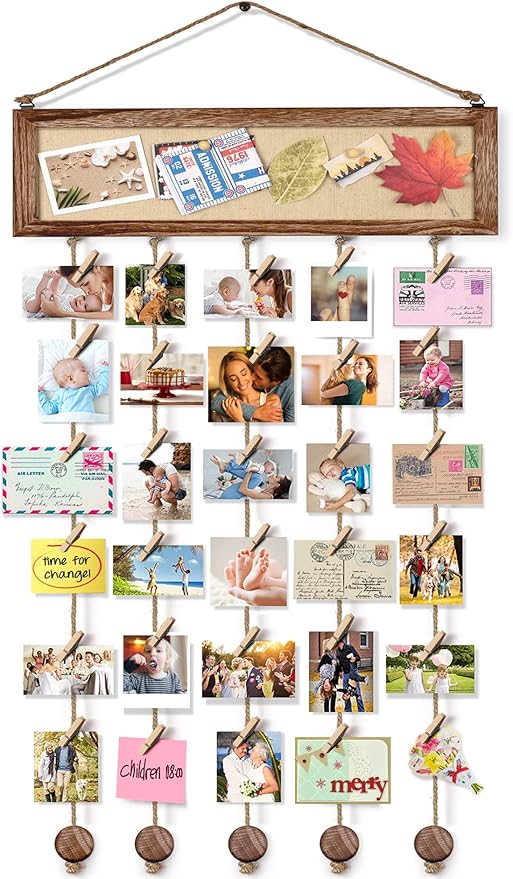 Bikoney Picture Frames Collage Wall Decor Hanging Photo Display Multi Pictures Organizer with Wood Bulletin Board Photo Board 30 Clips and 6 Pushpins for Room (Carbonized Black)