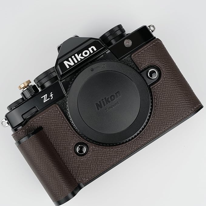 Handmade Genuine Leather Camera Half Case for Nikon ZF/Nikon ZF Camera Case - Top Layer Cowhide Body + Hand Sewn Saddle Stitch + Metal Base Plate (Dark Coffee)