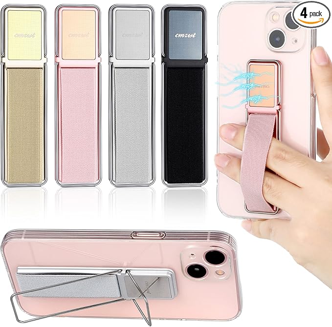 4 Pieces Phone Grip Strap Telescopic Phone Kickstand Elastic Finger Holer Hand Strap Adhesive Loop for Phone Grip with Stand Compatible with Most Smartphones (Black, Silver, Gold, Rose Gold)