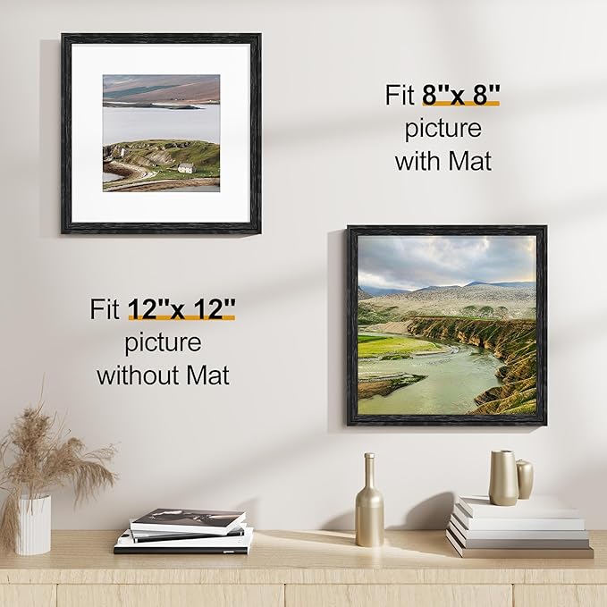 Vittanly 12x12 Picture Frames Set of 2, Ornate Vintage Photo Frame for Wall or Tabletop, Display 8x8 Pictures with Mat or 12x12 without Mat, Distressed Black
