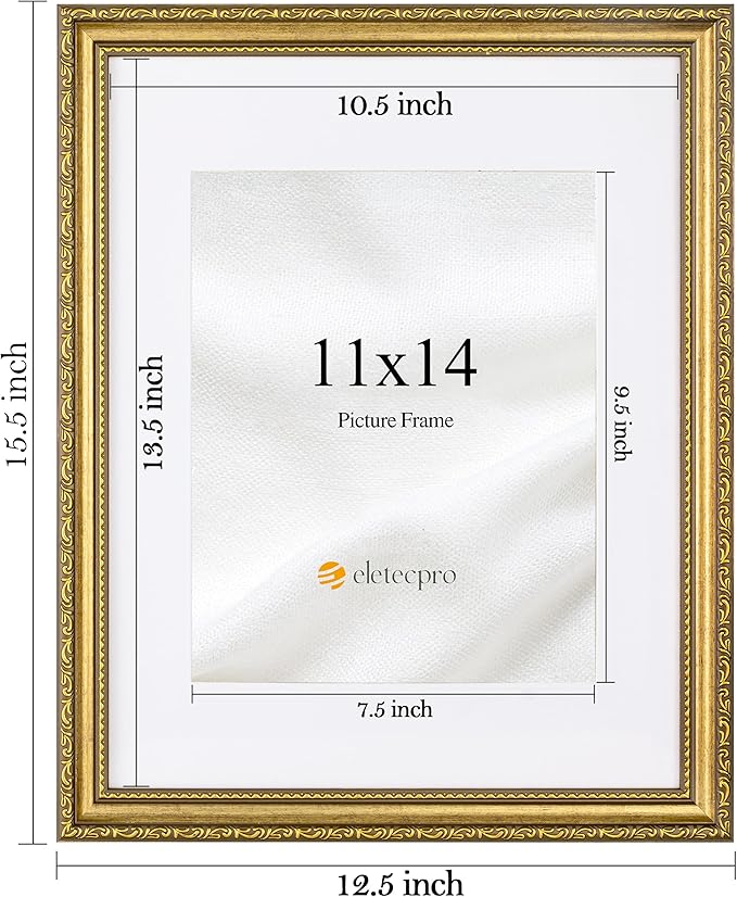 eletecpro 11x14 Picture Frames Set of 4, Vintage Photo Frame with Glass Cover, Gold Frames 11 x 14 Display 8x10 Photo with Mat or 11x14 without Mat for Tabletop or Wall Decor, Gold