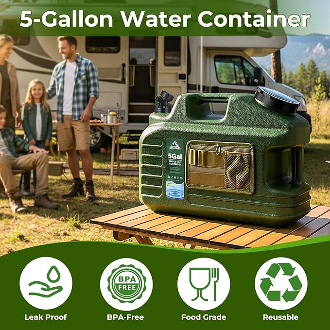 5 Gallon Water Jug with Pump, Camping Water Container, BPA Free Portable Water Dispenser with Spigot, Leak-Proof Large Camping Water Jug for Emergency Storage, Outdoor, Hiking, Road Trips
