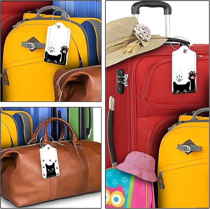Set of 2 Luggage Tags for Suitcases, Leather Cute Black Cat Baggage Tags with Stainless Steel Loop, Privacy Name ID Card Cover Kawaii Travel Labels for Women Men Kids Girls