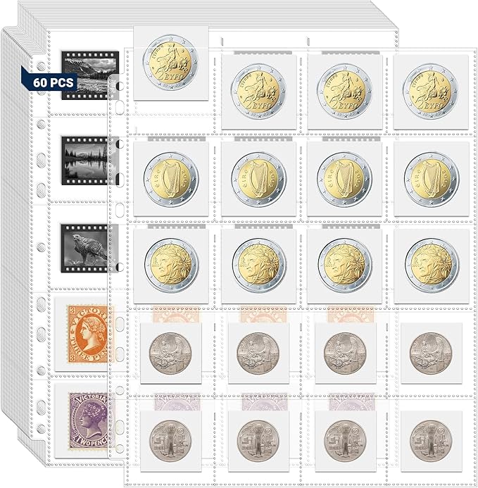 ENPOINT 1200 Pockets Acid Free Coin Sleeves, Fit for Coin Flips 2x2 inch, 60 Pack 3 Ring Binder Sleeves Clear Plastic Stamp Collecting Supplies, Non Stick and Non Glare