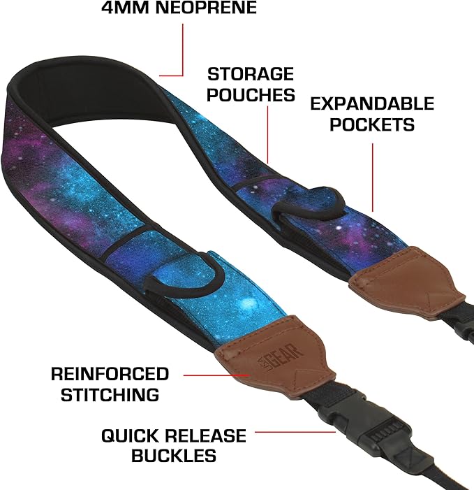 USA Gear TrueSHOT Camera Strap Neoprene Camera Straps - Padded Neck Strap, Accessory Pocket, and Quick Release Buckles - Compatible with Canon, Nikon, Sony and More DSLR and Mirrorless Camera - Galaxy