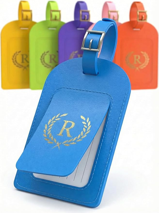 Luggage Tags for Suitcases 6 Pack PU Leather Travel Bag Tags with Privacy Cover & Stainless Steel Buckle, Vegan Leather Name ID Labels for Travel Bags, Cruise, Airline, Backpack, Baggage Identifier(R)