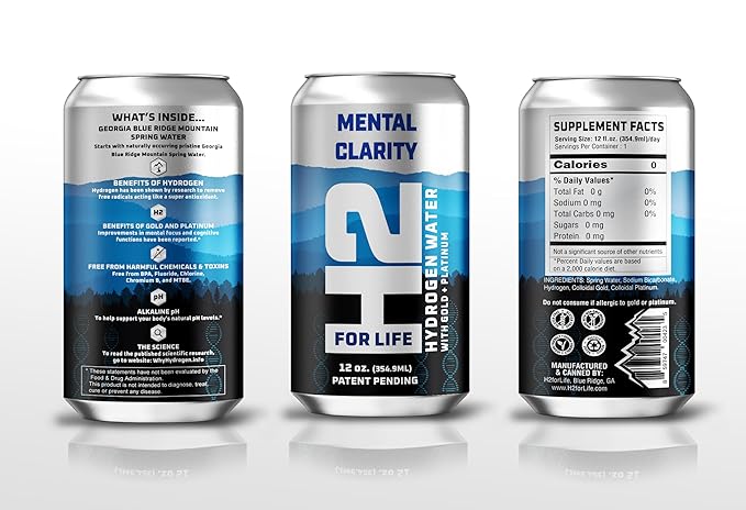 H2ForLife - Mental Clarity Hydrogen Rich Spring Water with Gold & Platinum Infusion, Focus & Energy Beverage, 12 oz per Can (Pack of 6)