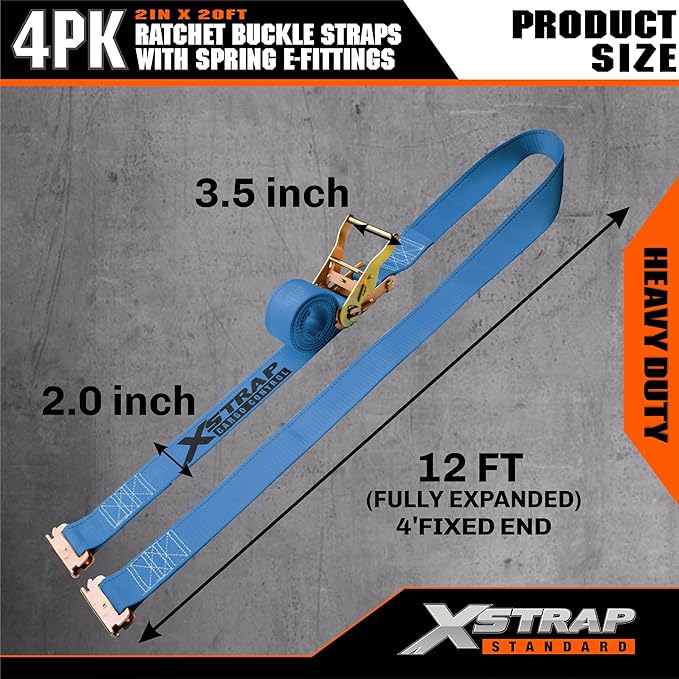 XSTRAP STANDARD 4-Pack 2" x 20' E-Track Ratchet Tie Down Straps 4,401 lbs Break Strength Heavy Duty Cargo Securement for Trailers, Trucks, Vans & Motorcycles with Spring Fittings (Blue)