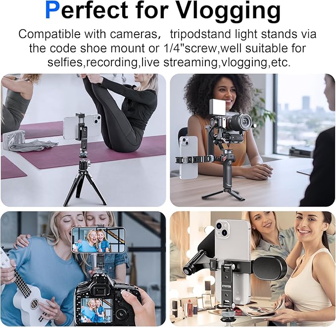 Metal Phone Tripod Mount with 3 Cold Shoe 1/4" Thread, 180° Tilt, 360° Rotation Universal Aluminum Cell Phone Stand Holder for iPhone Samsung Smartphone Clamp Adapter for Desktop Tripod Video
