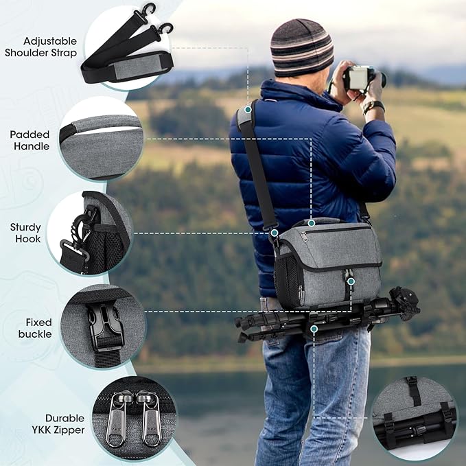 RAINSMORE Camera Bag, DSLR/SLR/Mirrorless Camera Case with Tripod Holder Waterproof Camera Sling Bag Crossbody Camera Bags for Photographers with Rain Cover for Canon/Nikon/Sony/Fuji, Grey