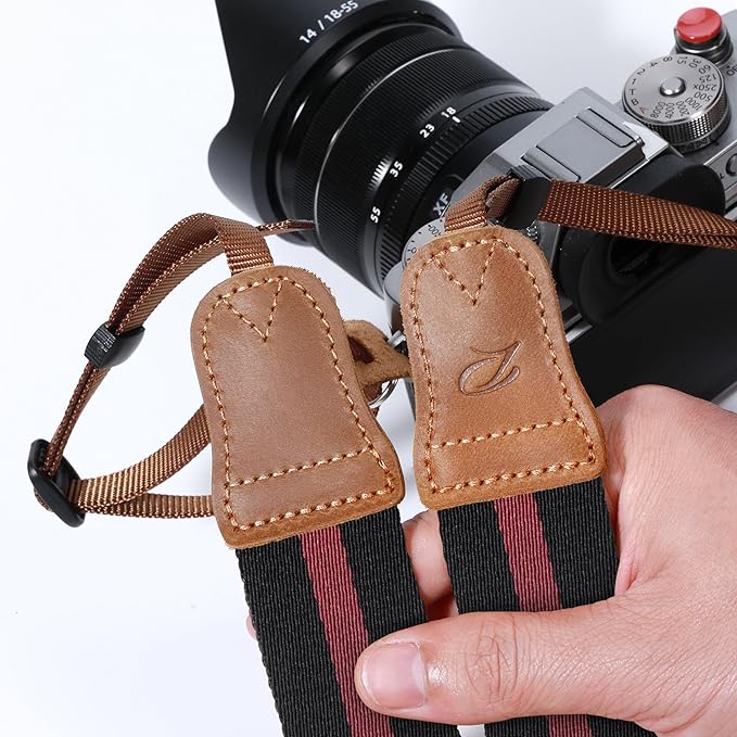 Padwa Lifestyle Stripes Camera Strap - Double Layer Crazy Horse Cowhide End,1.5" Wide Pure Cotton Camera Straps,Adjustable Neck Shoulder Strap for All DSLR Cameras,Gift for Photographers(Red Black)