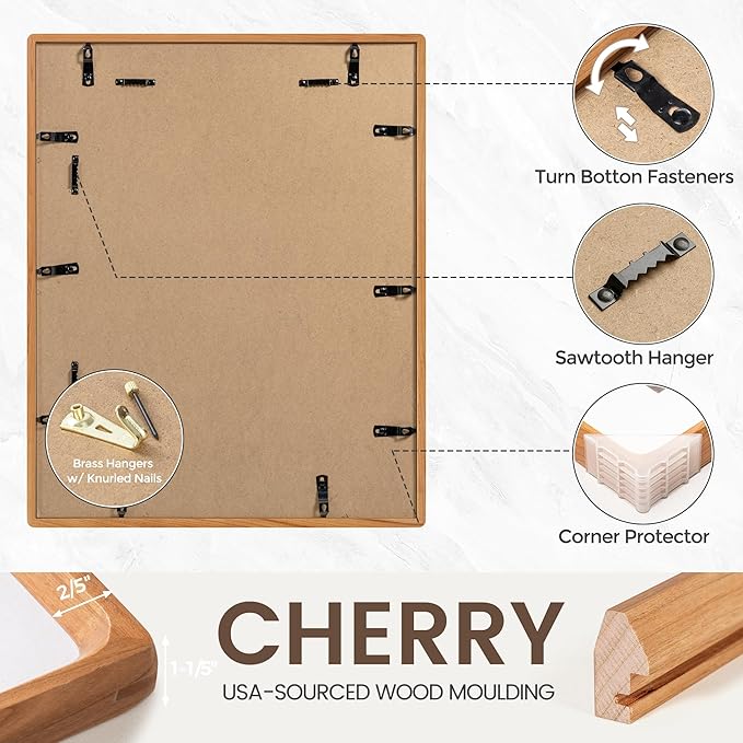 11x14 Picture Frame, USA-Sourced Natural Cherry Wood Photo Frame with Tempered Glass, Handcrafted Rounded Corner 11 x 14 Wooden Frame Matted to 8x10 Photos, Hanging Hooks Included