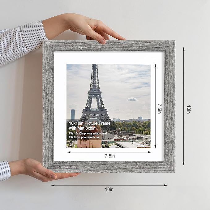 10x10 Picture Frame Set of 4, Made of Glass and Grey Wooden Frame - Display Picture 8x8 with Mat or 10 x 10 Without Mat, 10 by 10 Photo for Wall or Tabletop