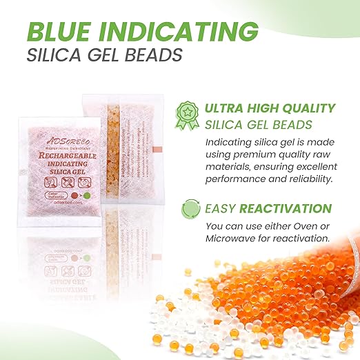 ADSorbco 50 Gram (8 Pack) Silica Gel Packets – Desiccant Packs for Storage, Reusable Moisture Absorbers with Color Change, Orange to Green, for Food, Electronics, Jewelry, Safes