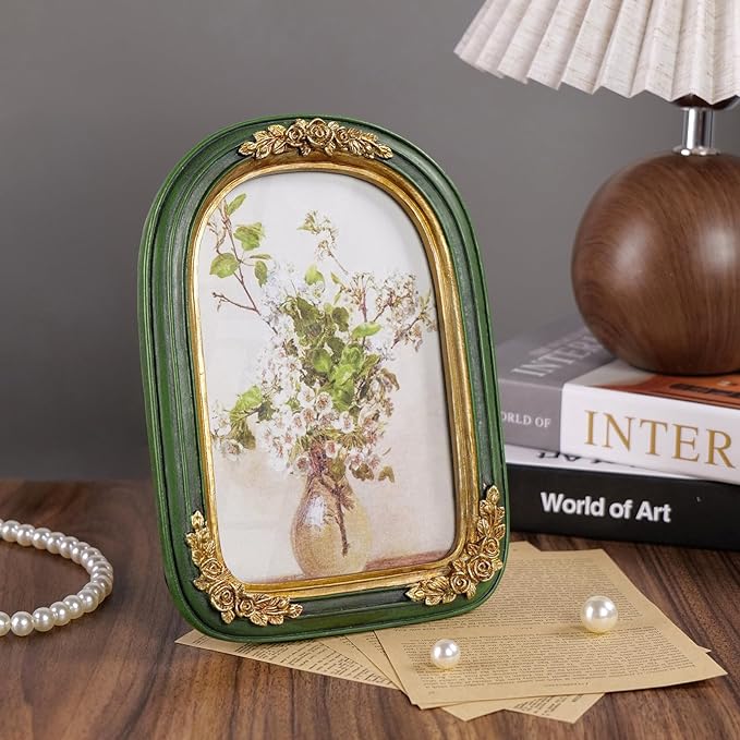 Cuspin Vintage 5x7 Picture Frame Green and Gold Decor, Ornate Arch Picture Frames with Glass Front for Tabletop or Wall Hanging Display, Antique Decorative Frame for Home Decor or Gift