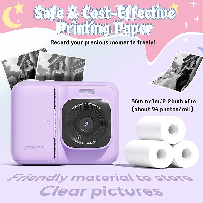 ETIKEZ Kids Camera, 1080P Instant Digital Print Camera for Kids, Christmas Birthday Gifts for 4 5 6 7 8 9 10 Year Old Girls Boys, Portable Toy with 32GB SD Card & 3 Rolls Printing Paper, Purple