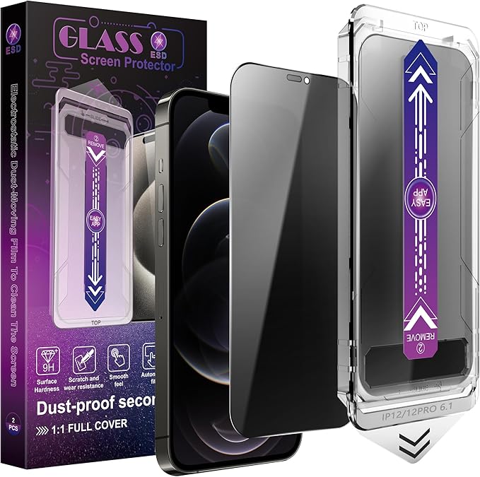CHISHA 2-Pack Privacy Screen Protector for iPhone 12 Pro and iPhon 12 6.1-Inch, Auto Dust Removal, No Bubbles,Anti-Spy Tempered Glass Film, Easy Installation