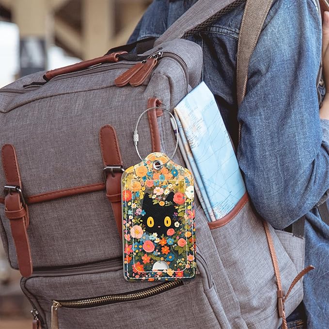 Luggage Tags for Suitcase, 2 Pack PU Leather Travel Cruise Luggage Tag with Privacy Flap, Name ID Label and Metal Loop for Women Men Girls Suitcase Baggage Bag Backpack, Kitten Flowers