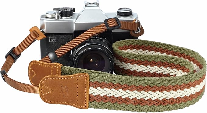 Padwa Lifestyle Stripes Camera Strap - 1.5" Soft Cotton Rope Weave Crazy Horse Cowhide Head Shoulder Neck Straps for Photographers and All Cameras,Cute Adjustable Vintage Woven Strap for Adults & Kids