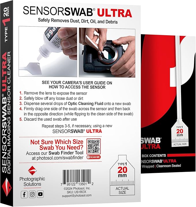 Photographic Solutions Sensor Swab Ultra 20mm Type-1 Digital Imaging Sensor Cleaner Swabs for Cleaning APS-H Mirrored or Mirrorless Cameras. Sensor Dust & Oil Remover (Pack of 12)