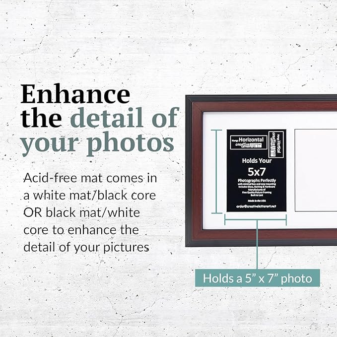 Creative Letter Art 3 Opening Glass Face Mahogany Picture Frame to hold 5 by 7 inch Photographs including 10x20-inch White Mat Collage
