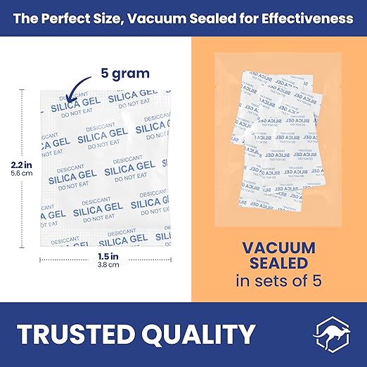 Wallaby 5 gram (500 Packets) Food Safe Pure White Silica Gel Desiccant Dehumidifier Packs - Rechargeable & Coated Moisture Absorbers - Protects Against Moisture Damage - (Packed in 100x Sets of 5)