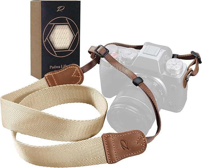 Padwa Lifestyle Camera Strap - Double Layer Crazy Horse Cowhide Ends,1.5"Wide Pure Cotton Woven Camera Strap,Adjustable Neck Shoulder Strap for All DSLR Cameras,Great Gift for Photographers-Off White