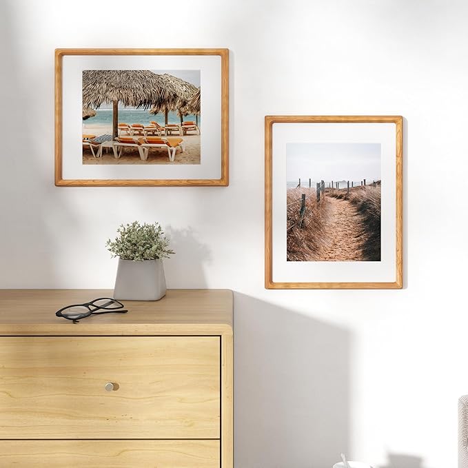 11x14 Wooden Picture Frames USA-Sourced Natural Cherry Solid Wood Photo Frame Handcrafted Rounded Corner with Mat to 8x10 Picture Frame Vintage Display with Real Glass Family Picture， 2 Pack