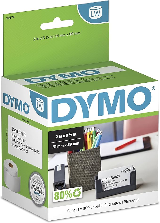 DYMO Authentic LW Non-Adhesive Business Card Labels for LabelWriter Label Printers, White, 2" x 3-1/2", 1 Roll of 300