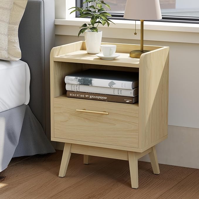 Night Stand with Drawer & Open Storage Shelf, Small Wooden Nightstand with Raised Edge, Mid Century Modern Side Table with Solid Wood Feet, Metal Handle for Bedroom Natural