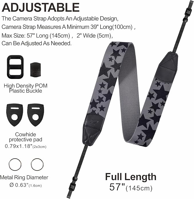 Padwa Lifestyle Pentagram Camera Strap - 2" Wide Genuine Leather Ends Camera Straps for Photographers, Vintage Five-Pointed Stars Print Nylon Weave Strap with Camera Quick Release fits All Cameras
