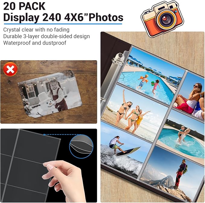 Zofly 20 Pack 4x6" Photo Album Refill Pages, 12x12, 240 Pockets, Double-Sided, Clear, Water/Dust Proof, 3 Ring Binder Compatible
