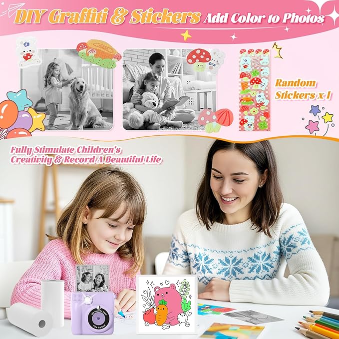 10 Rolls Kids Camera Paper Roll Refill - HD kids camera instant print paper, 55x25mm Print 180 Sheets with Cute Stickers, Scratch-Resistant, BPA Free, Suitable for 99% of Instant Print Camera for Kids