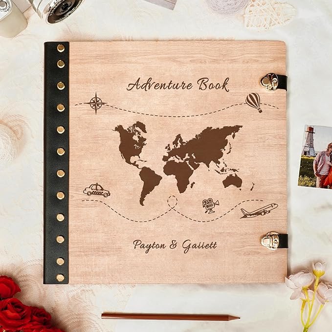 Custom Travel Scrapbook, Personalized Wooden Travel Photo Album, Adventure Scrapbook, Vacation Photo Album Vacation Memory Keeper Romantic Keepsake Gifts