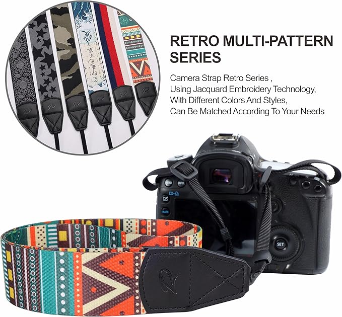 Padwa Lifestyle Bohemian Camera Strap - 2" Wide Genuine Leather Ends Camera Straps for Photographers, Vintage Boho Print Nylon Weave Strap with Camera Quick Release fits All Cameras