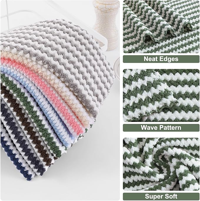 Homaxy 12 Pack Kitchen Dish Cloths, Ultra Soft and Absorbent Dish Towels, Reusable Fast Drying Microfiber Cleaning Cloth, Coral Velvet Wave Design No-lint, 10 x 10 inches, Grass Green