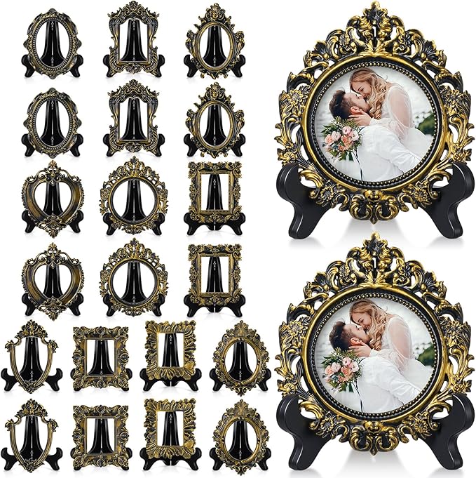 Tatuo 20 Sets Mini Picture Frames and Display Stands Vintage Resin Picture Frame Resin Holder for Home Office Bedroom Living Room Wedding Decor (Black and Gold)