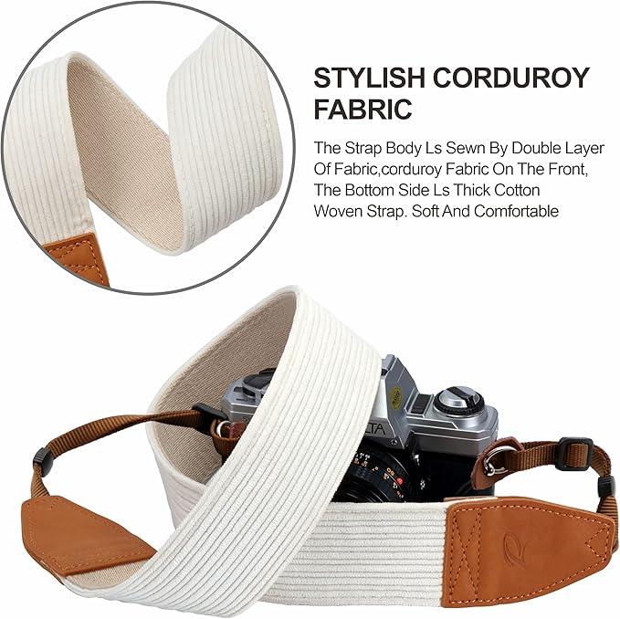 Padwa Lifestyle White Corduroy Camera Strap - 2" Double Layer Full Grain Cowhide Leather Head Camera Straps for Photographers, Unique Soft Corduroy Fabric with Quick Release fits all Cameras