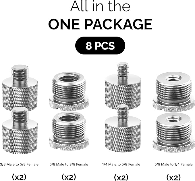 IXTECH Mic Stand Adapter Set 8 pieces Metal Microphone Stand Screw Thread Adapter 5/8 Female to 3/8 Male 3/8 Female to 5/8 Male 5/8 Female to 1/4 Male 1/4 Female to 5/8 Male Tripod Adapter ADP03A Slvr