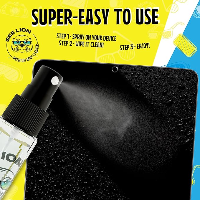 See Lion Premium Lens Cleaner Kit | Safe for Glasses, Camera Lenses, Screens, and Optics - Streak-Free Formula with Microfiber Cloth | 30ml / 1oz Travel Size