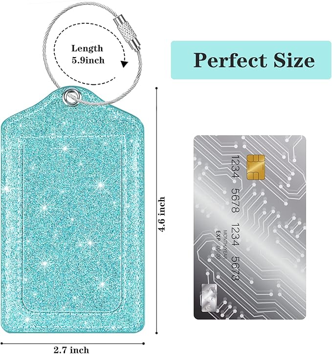 (Set of 2) Luggage Tag Leather Privacy Cover ID Label Address Card with Stainless Steel Loop, Travel Bag Tags Suitcase Labels, Blue Green Glitter