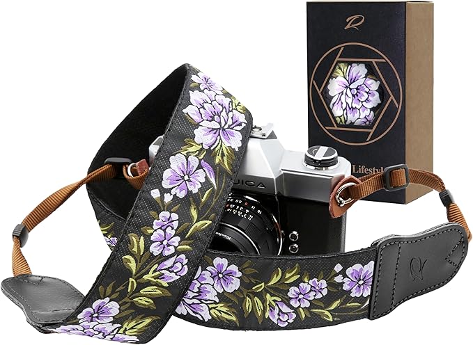 Padwa Lifestyle Purple Flower Camera Strap - 2" Double Layer Cowhide Head Camera Straps for Photographers，Adjustable Neck & Shoulder Vintage Jacquard Embroidery Flower Cotton Strap for all Cameras