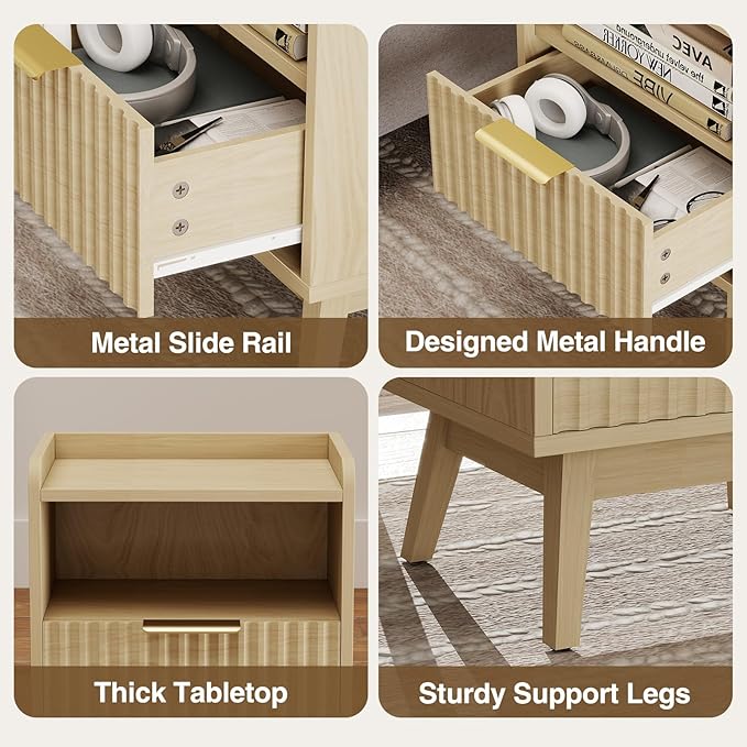 Modern Fluted Nightstand with Drawer and Open Storage Shelf, Bedside Table with Raised Edge, Boho Night Stand with Solid Wood Legs & Metal Handle, End Table for Bedroom Natural