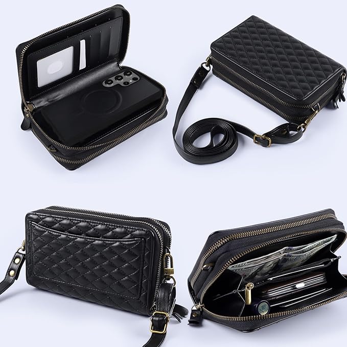 Harryshell Compatible with Samsung Galaxy S25 Ultra Case Wallet Multi Zipper Detachable Removable Cover Purse with Card Slots Holder Mirror Crossbody Strap (Compatible with Magsafe - Black)